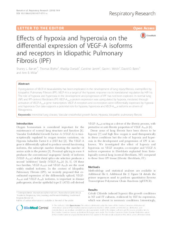 Effects of hypoxia and hyperoxia on the differential expression of VEGF-A isoforms and receptors in Idiopathic Pulmonary Fibrosis (IPF) Thumbnail