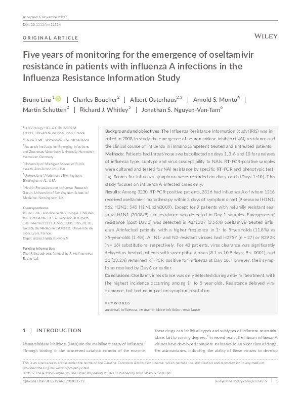 Five years of monitoring for the emergence of oseltamivir resistance in patients with influenza A infections in the Influenza Resistance Information Study (IRIS) Thumbnail