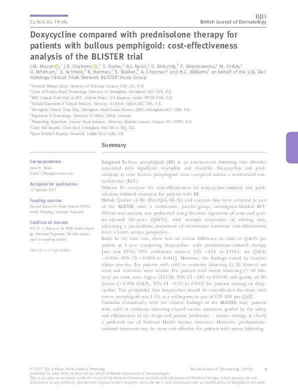 Doxycycline compared to prednisolone therapy for patients with bullous pemphigoid: cost-effectiveness analysis of the BLISTER trial Thumbnail