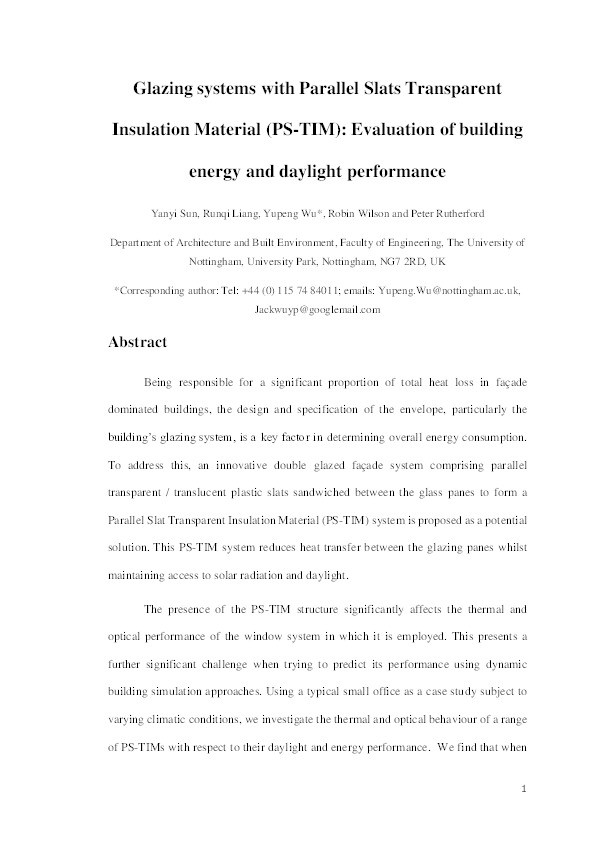 Glazing systems with Parallel Slats Transparent Insulation Material (PS-TIM): evaluation of building energy and daylight performance Thumbnail