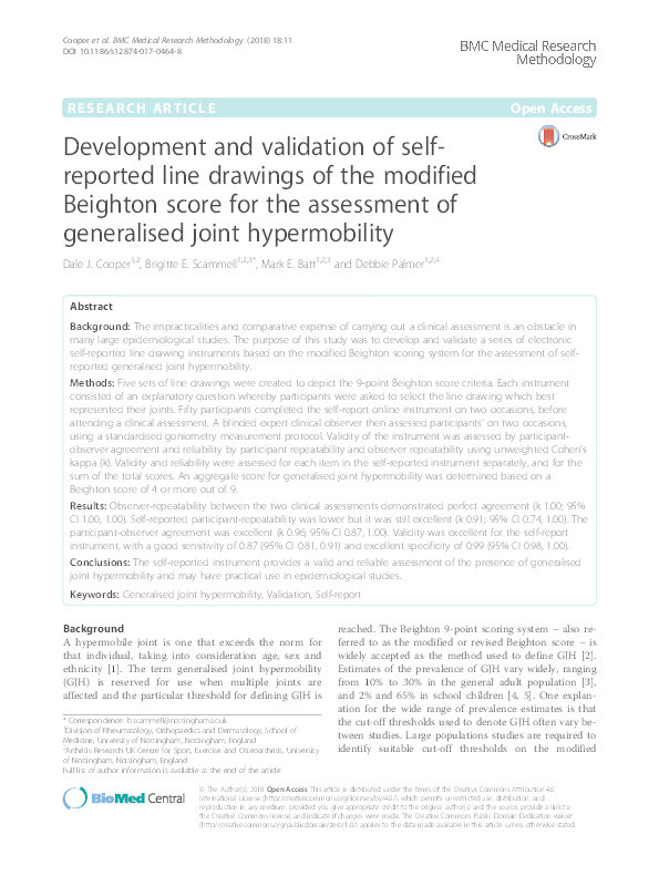 Development and validation of self-reported line drawings of the modified Beighton score for the assessment of generalised joint hypermobility Thumbnail
