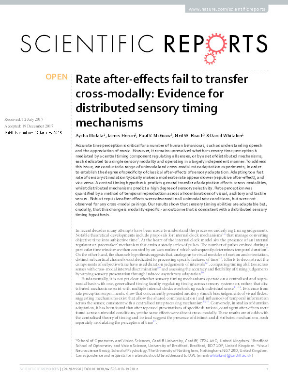Rate after-effects fail to transfer cross-modally: evidence for distributed sensory timing mechanisms Thumbnail