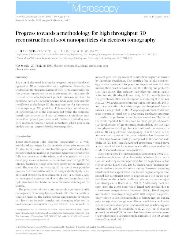 Progress towards a methodology for high throughput 3D reconstruction of soot nanoparticles via electron tomography Thumbnail