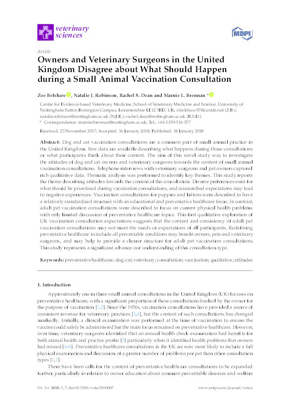 Owners and veterinary surgeons in the United Kingdom disagree about what should happen during a small animal vaccination consultation Thumbnail