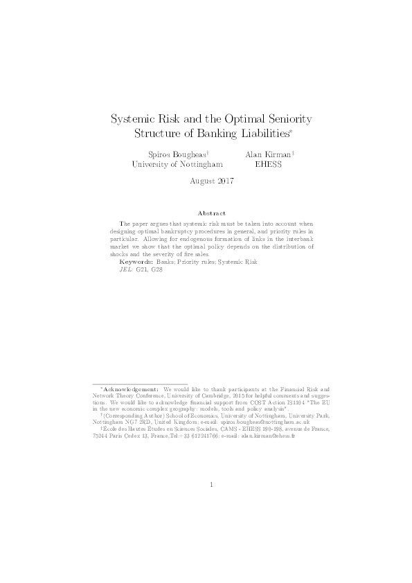 Systemic risk and the optimal seniority structure of banking liabilities Thumbnail