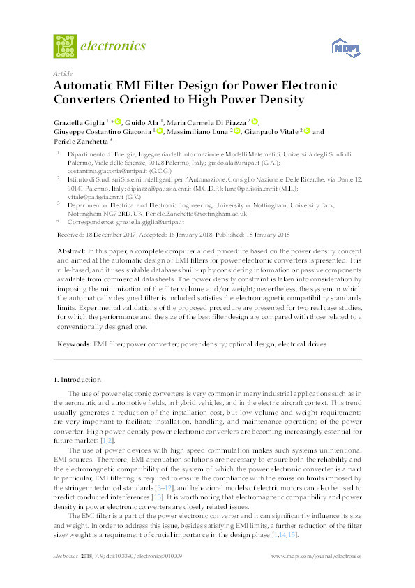 Automatic EMI filter design for power electronic converters oriented to high power density Thumbnail