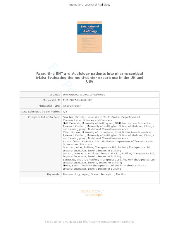 Recruiting ENT and audiology patients into pharmaceutical trials: evaluating the multi-center experience in the UK and USA Thumbnail