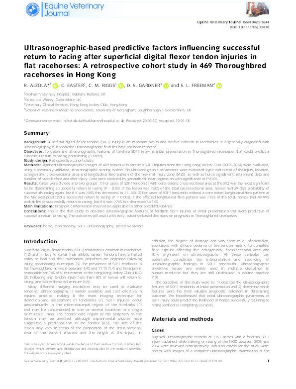 Ultrasonographic-based predictive factors influencing successful return to racing after superficial digital flexor tendon injuries in flat racehorses: a retrospective cohort study in 469 Thoroughbred racehorses in Hong Kong Thumbnail