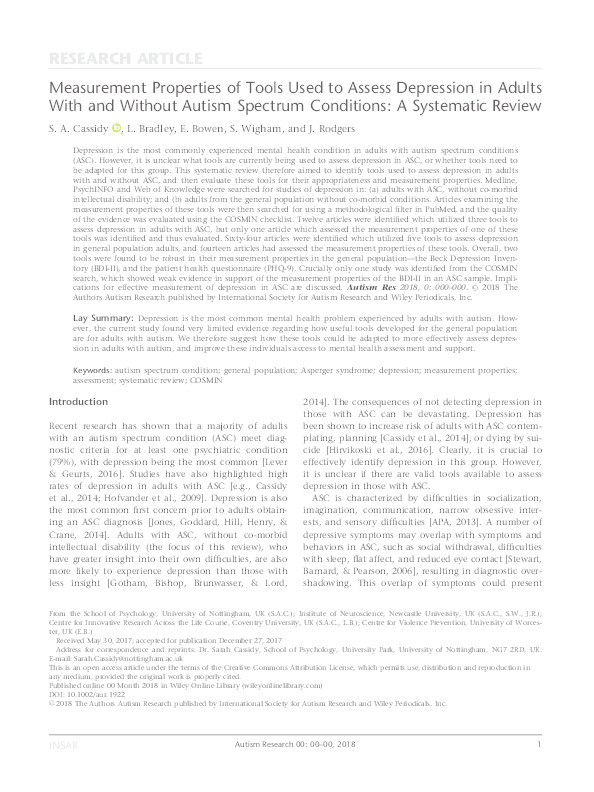 Measurement properties of tools used to assess depression in adults with and without Autism Spectrum Conditions: a systematic review Thumbnail