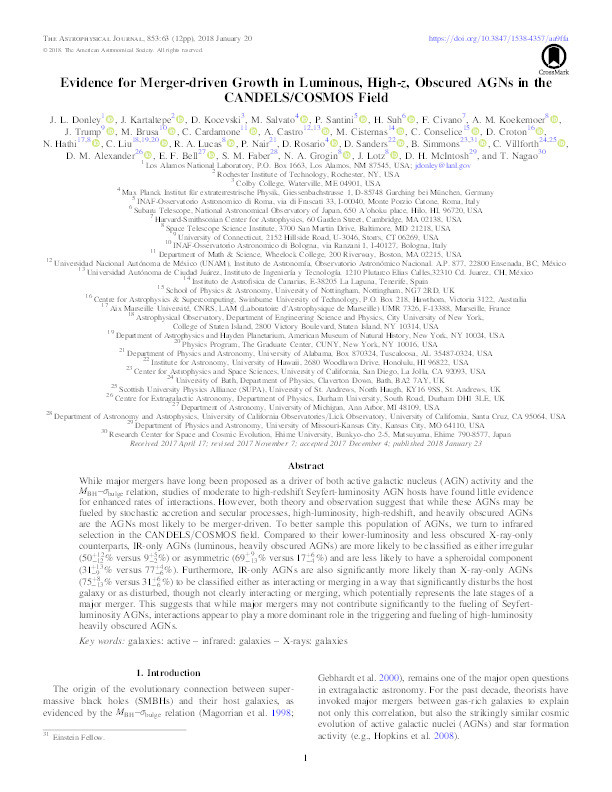 Evidence for merger-driven growth in luminous, high-z, obscured AGNs in the CANDELS/COSMOS field Thumbnail