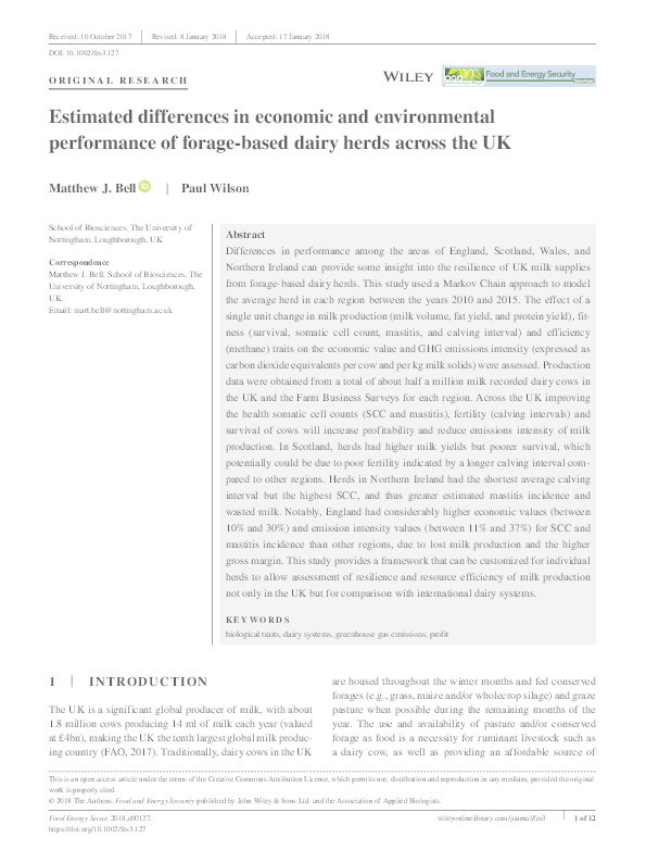 Estimated differences in economic and environmental performance of forage-based dairy herds across the UK Thumbnail