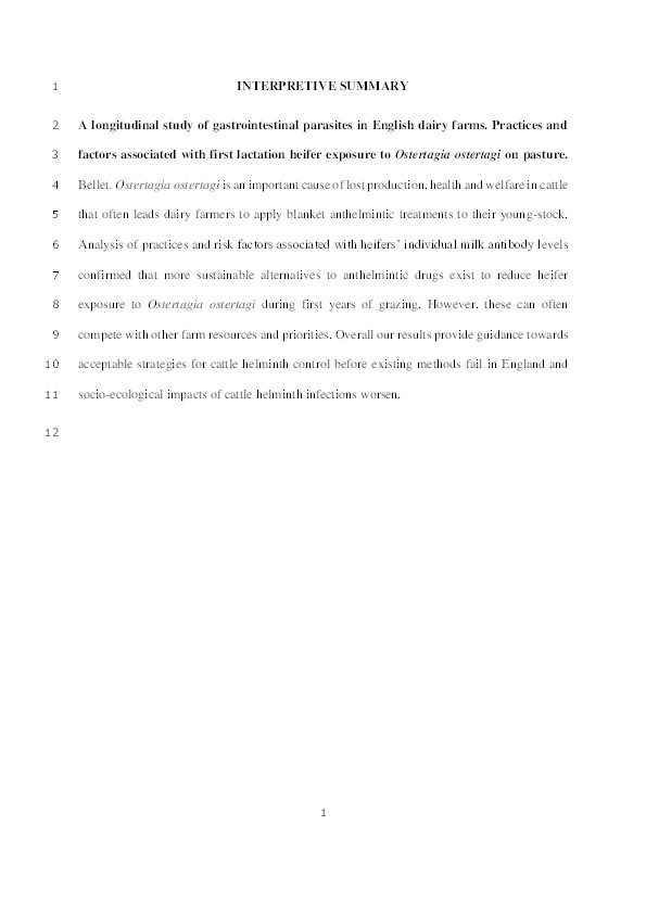 A longitudinal study of gastrointestinal parasites in English dairy farms: practices and factors associated with first lactation heifer exposure to Ostertagia ostertagi on pasture Thumbnail