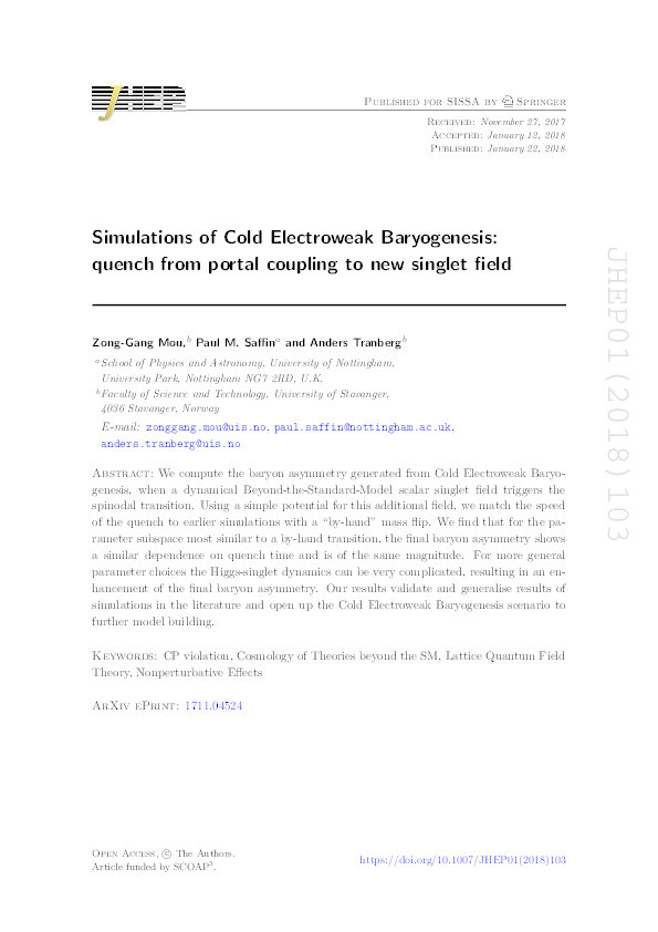 Simulations of Cold Electroweak Baryogenesis: quench from portal coupling to new singlet field Thumbnail