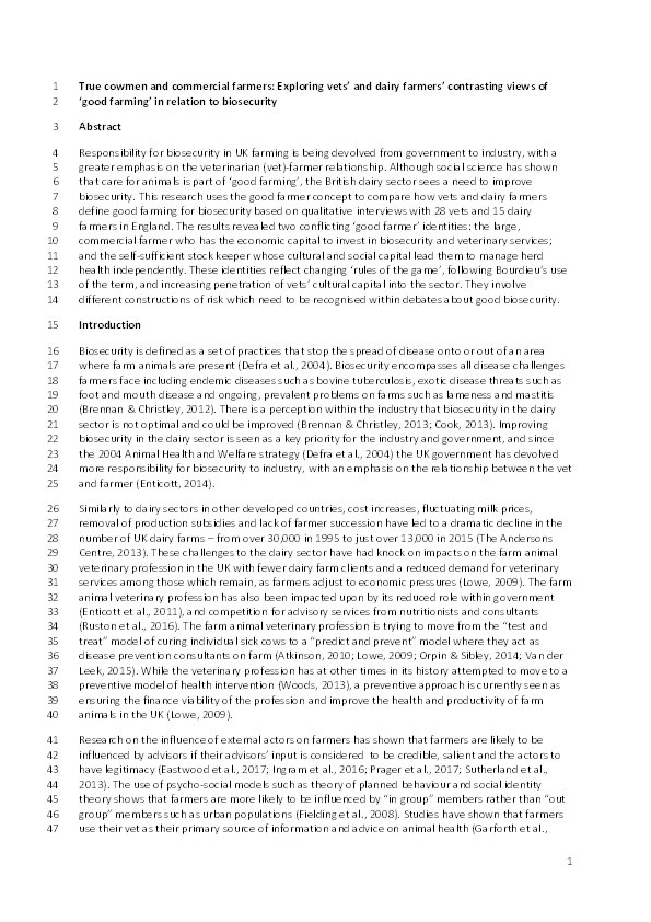 True cowmen and commercial farmers: exploring vets’ and dairy farmers’ contrasting views of ‘good farming’ in relation to biosecurity Thumbnail