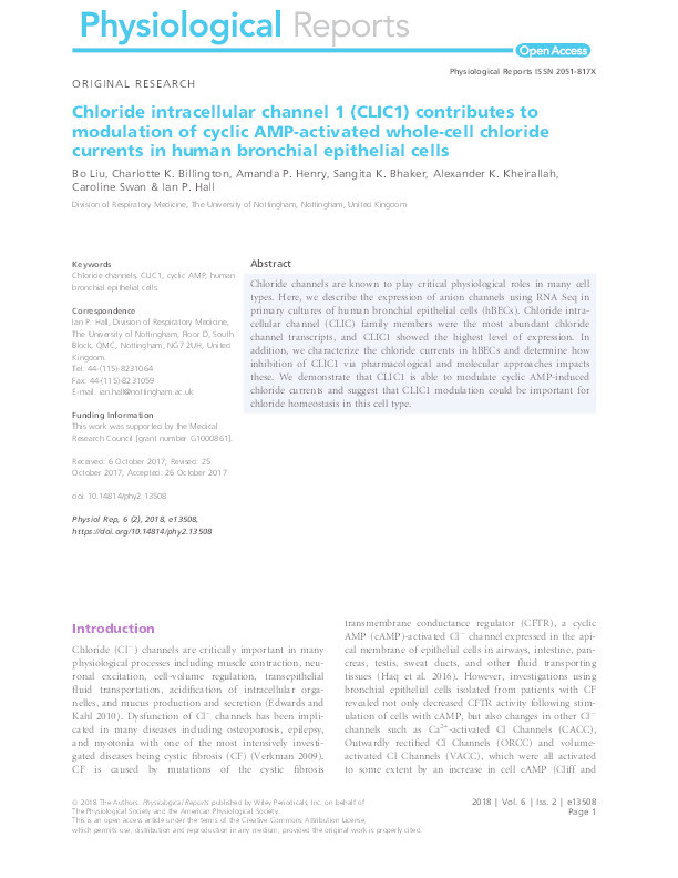 Chloride intracellular channel 1 (CLIC1) contributes to modulation of cyclic AMP-activated whole cell chloride currents in human bronchial epithelial cells Thumbnail