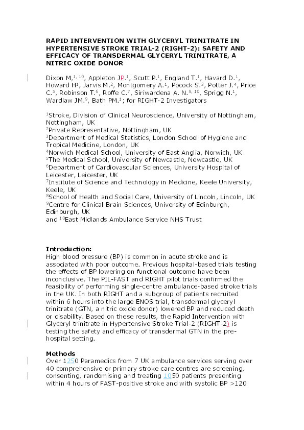 Rapid intervention with glyceryl trinitrate in hypertensive stroke trial-2(right-2): safety and efficacy of transdermal glyceryl trinitrate, a nitric oxide donor Thumbnail