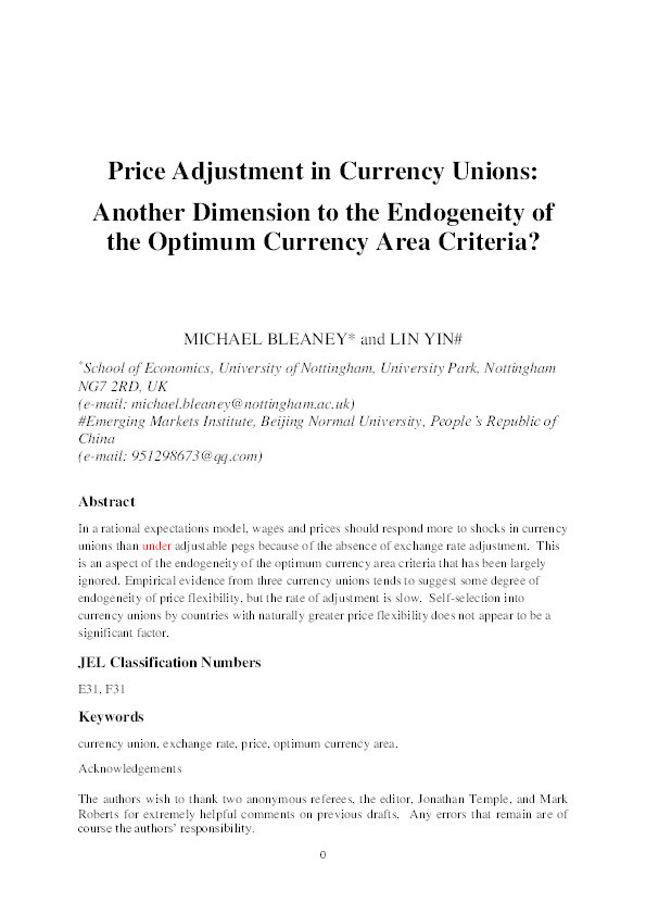 Price adjustment in currency unions: another dimension to the endogeneity of the optimum currency area criteria? Thumbnail