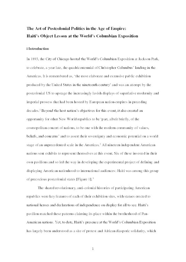 The art of postcolonial politics in the age of empire: Haiti’s object lesson at the World’s Columbian Exposition Thumbnail