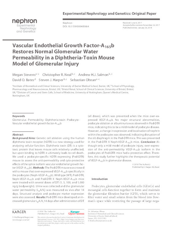 Vascular endothelial growth factor-A165b restores normal glomerular water permeability in a diphtheria-toxin mouse model of glomerular injury Thumbnail
