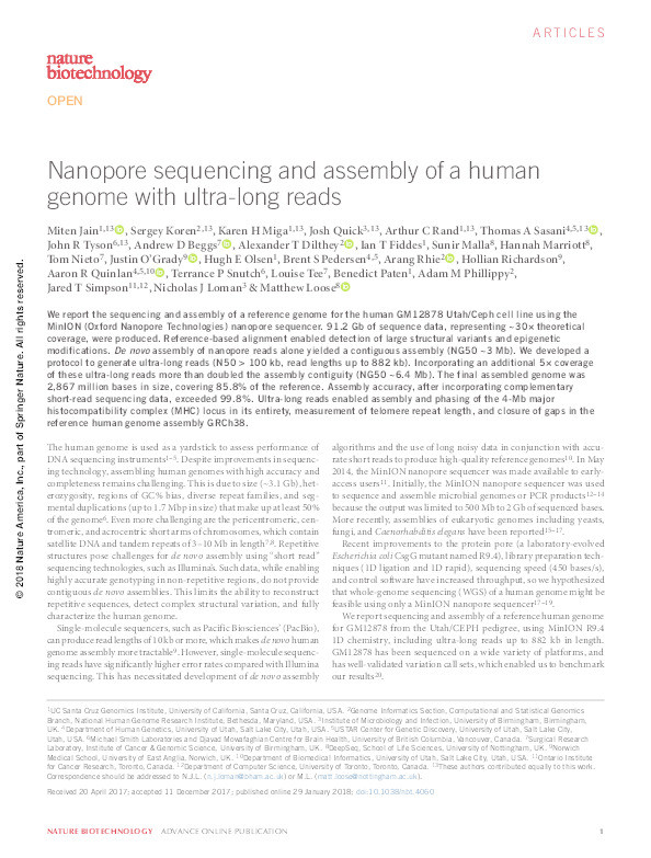 Nanopore sequencing and assembly of a human genome with ultra-long reads Thumbnail
