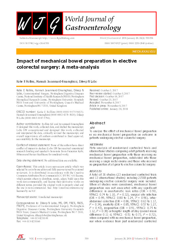 Impact of mechanical bowel preparation in elective colorectal surgery: a meta-analysis Thumbnail