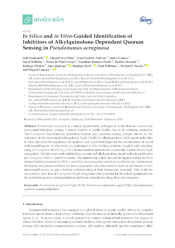 In Silico and in Vitro-Guided Identification of Inhibitors of Alkylquinolone-Dependent Quorum Sensing in Pseudomonas aeruginosa Thumbnail
