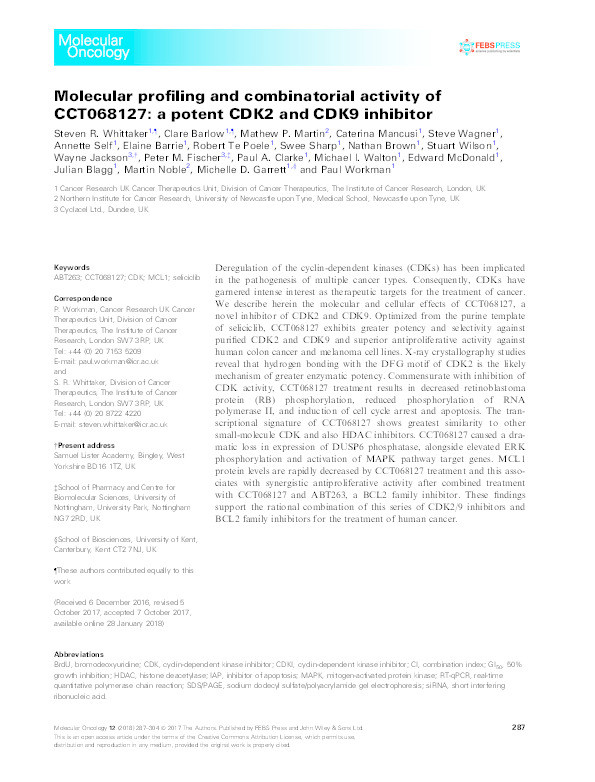 Molecular profiling and combinatorial activity of CCT068127: a potent CDK2 and CDK9 inhibitor Thumbnail