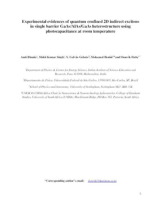 Experimental evidences of quantum confined 2D indirect excitons in single barrier GaAs/AlAs/GaAs heterostructure using photocapacitance at room temperature Thumbnail