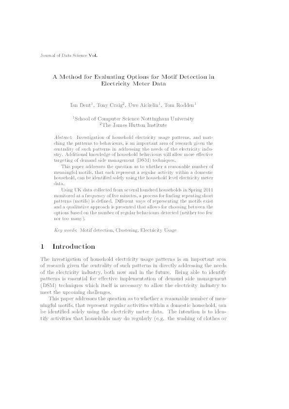 A Method for Evaluating Options for Motif Detection in Electricity Meter Data Thumbnail