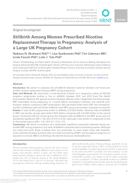 Stillbirth among women prescribed nicotine replacement therapy in pregnancy: analysis of a large UK pregnancy cohort Thumbnail
