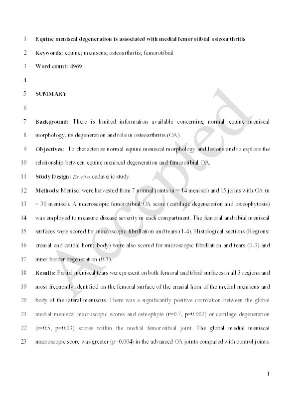 Equine meniscal degeneration is associated with medial femorotibial osteoarthritis Thumbnail