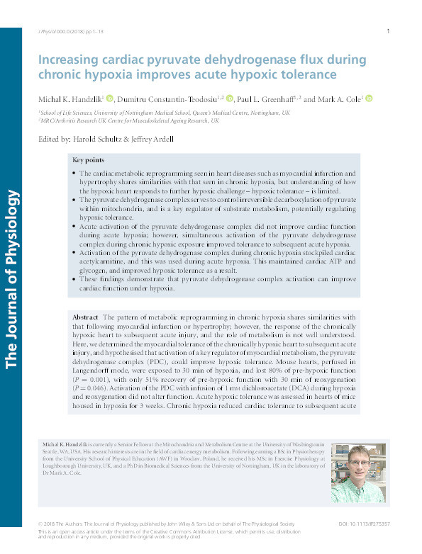 Increasing cardiac pyruvate dehydrogenase flux during chronic hypoxia improves acute hypoxic tolerance Thumbnail