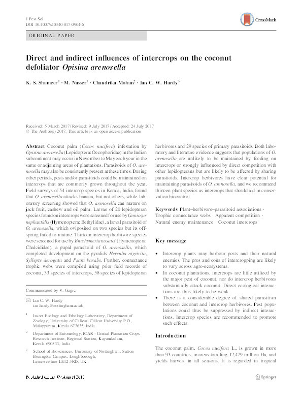 Direct and indirect influences of intercrops on the coconut defoliator Opisina arenosella Thumbnail
