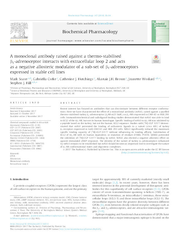 A monoclonal antibody raised against a thermo-stabilised β1-adrenoceptor interacts with extracellular loop 2 and acts as a negative allosteric modulator of a sub-set of 1- adrenoceptors expressed in stable cell lines Thumbnail