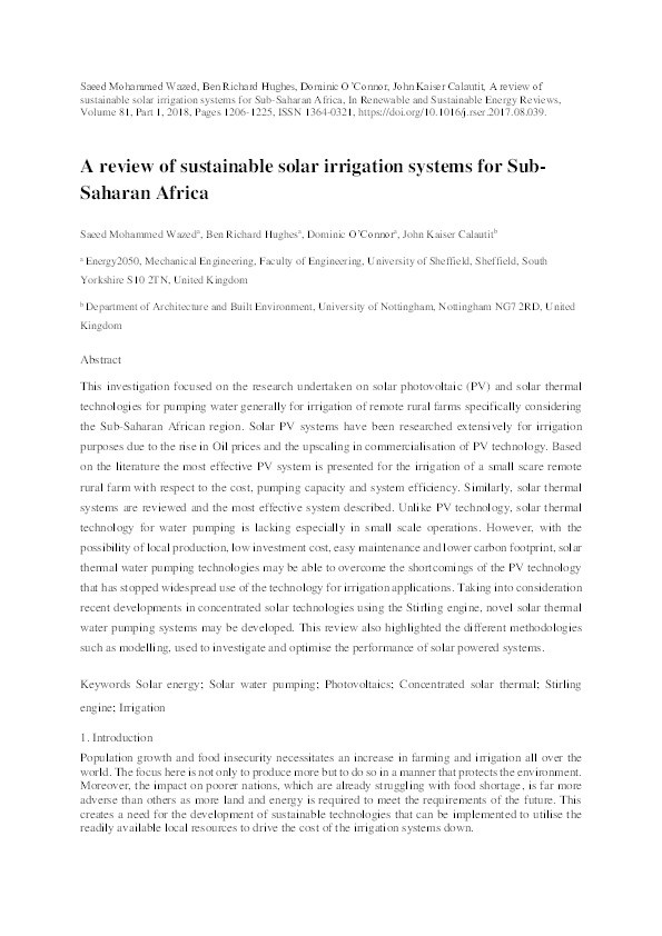 A review of sustainable solar irrigation systems for Sub-Saharan Africa Thumbnail