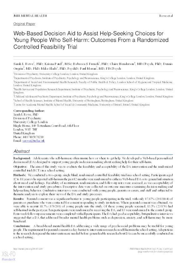 Web-Based Decision Aid to Assist Help-Seeking Choices for Young People Who Self-Harm: Outcomes From a Randomized Controlled Feasibility Trial Thumbnail