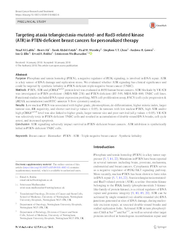 Targeting ataxia telangiectasia mutated and Rad3 related kinase (ATR) in PTEN deficient breast cancers for personalized therapy Thumbnail