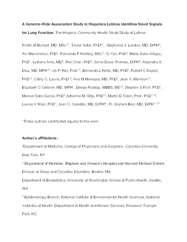 A Genome-Wide Association Study in Hispanics/Latinos Identifies Novel Signals for Lung Function. The Hispanic Community Health Study/Study of Latinos Thumbnail