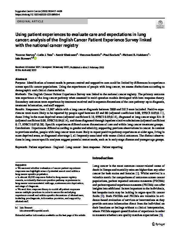 Using patient experiences to evaluate care and expectations in lung cancer: analysis of the English Cancer Patient Experience Survey linked with the national cancer registry Thumbnail