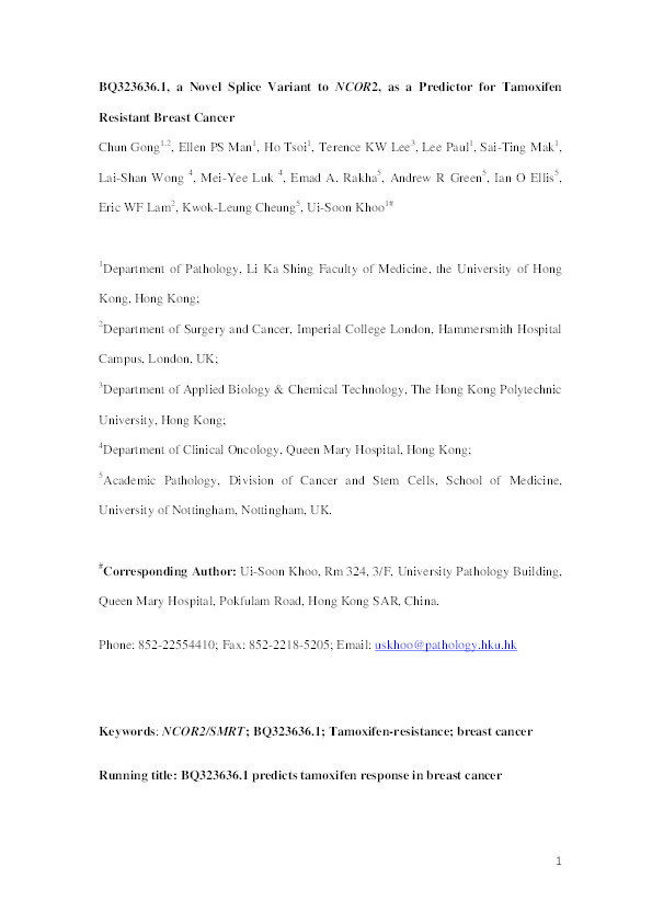 BQ323636.1, a novel splice variant to NCOR2, as a predictor for tamoxifen resistant breast cancer Thumbnail