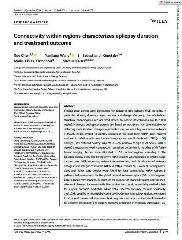 Connectivity within regions characterizes epilepsy duration and treatment outcome Thumbnail