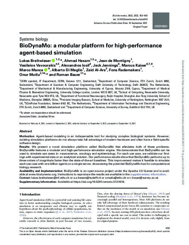 BioDynaMo: a modular platform for high-performance agent-based simulation Thumbnail