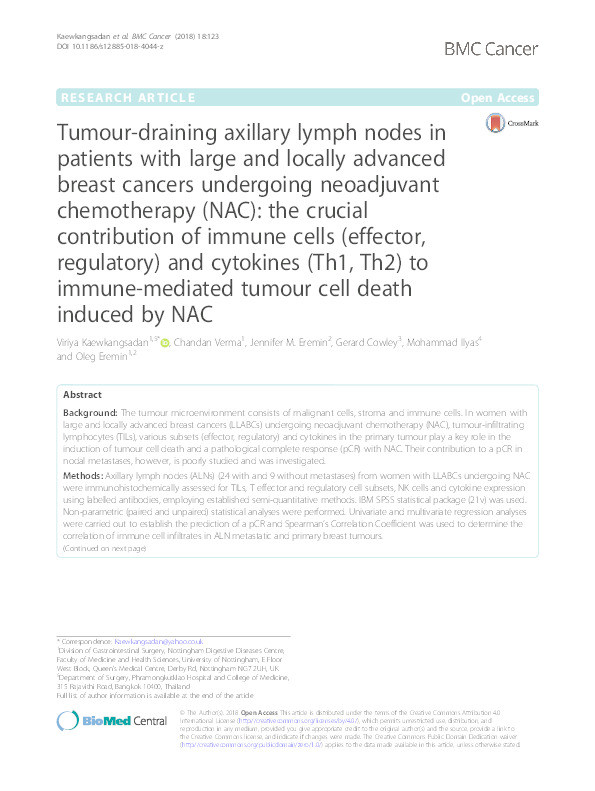 Tumour-draining axillary lymph nodes in patients with large and locally advanced breast cancers undergoing neoadjuvant chemotherapy (NAC): the crucial contribution of immune cells (effector, regulatory) and cytokines (TH1, TH2) to immune-mediated tumour cell death induced by NAC Thumbnail