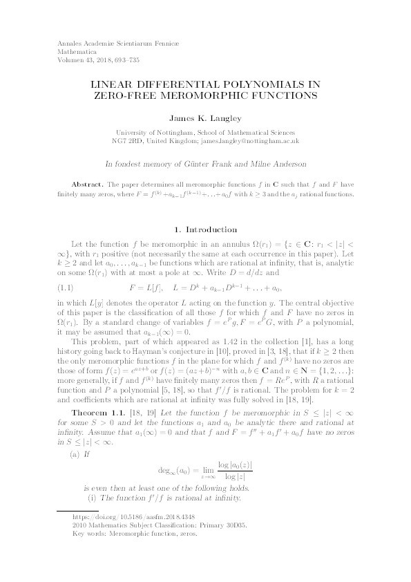 Linear differential polynomials in zero-free meromorphic functions Thumbnail