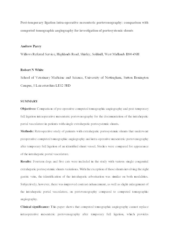 Post-temporary ligation intra-operative mesenteric portovenography: comparison with computed tomographic angiography for investigation of portosystemic shunts Thumbnail