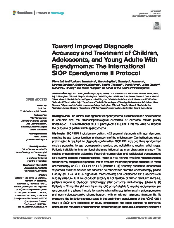 Toward Improved Diagnosis Accuracy and Treatment of Children, Adolescents, and Young Adults With Ependymoma: The International SIOP Ependymoma II Protocol Thumbnail