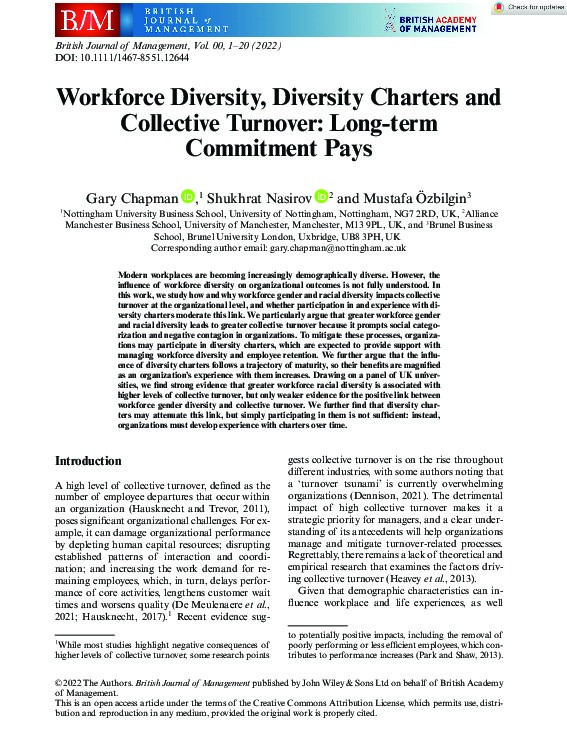 Workforce Diversity, Diversity Charters and Collective Turnover: Long-term Commitment Pays Thumbnail