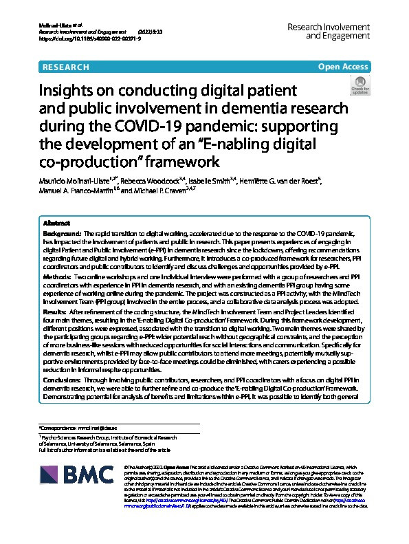Insights on conducting digital patient and public involvement in dementia research during the COVID-19 pandemic: supporting the development of an “E-nabling digital co-production” framework Thumbnail