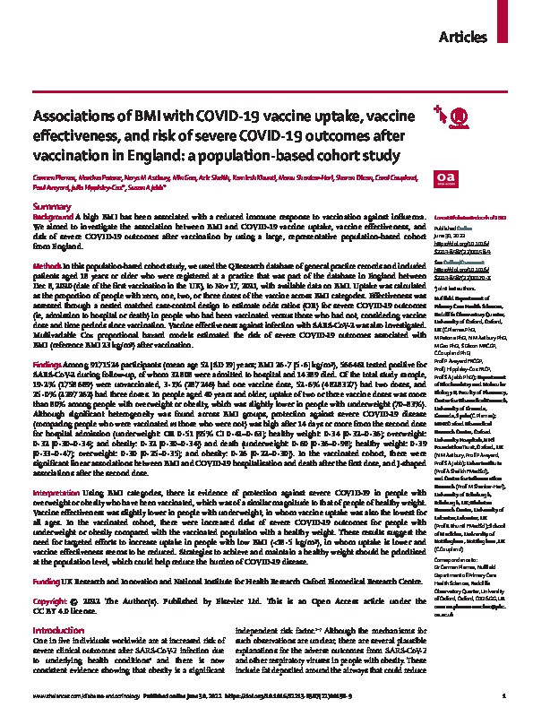 Associations of BMI with COVID-19 vaccine uptake, vaccine effectiveness, and risk of severe COVID-19 outcomes after vaccination in England: a population-based cohort study Thumbnail