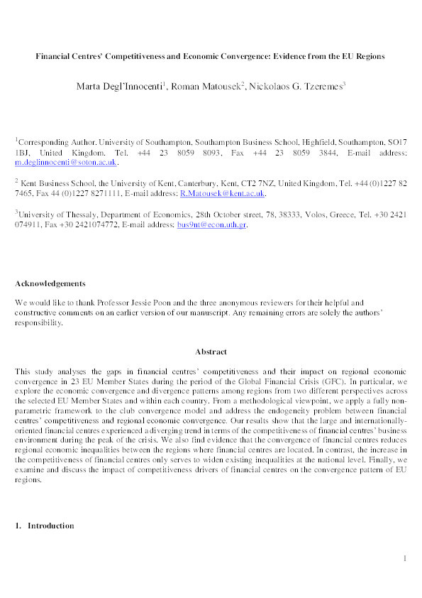 Financial centres' competitiveness and economic convergence: evidence from the European Union regions Thumbnail